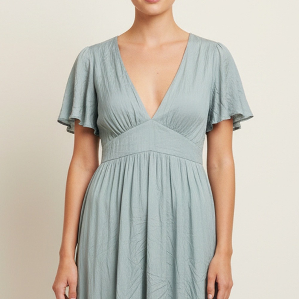 Storia Seafoam Tiered Maxi Dress Deep V Flutter Sleeve Boho Women L